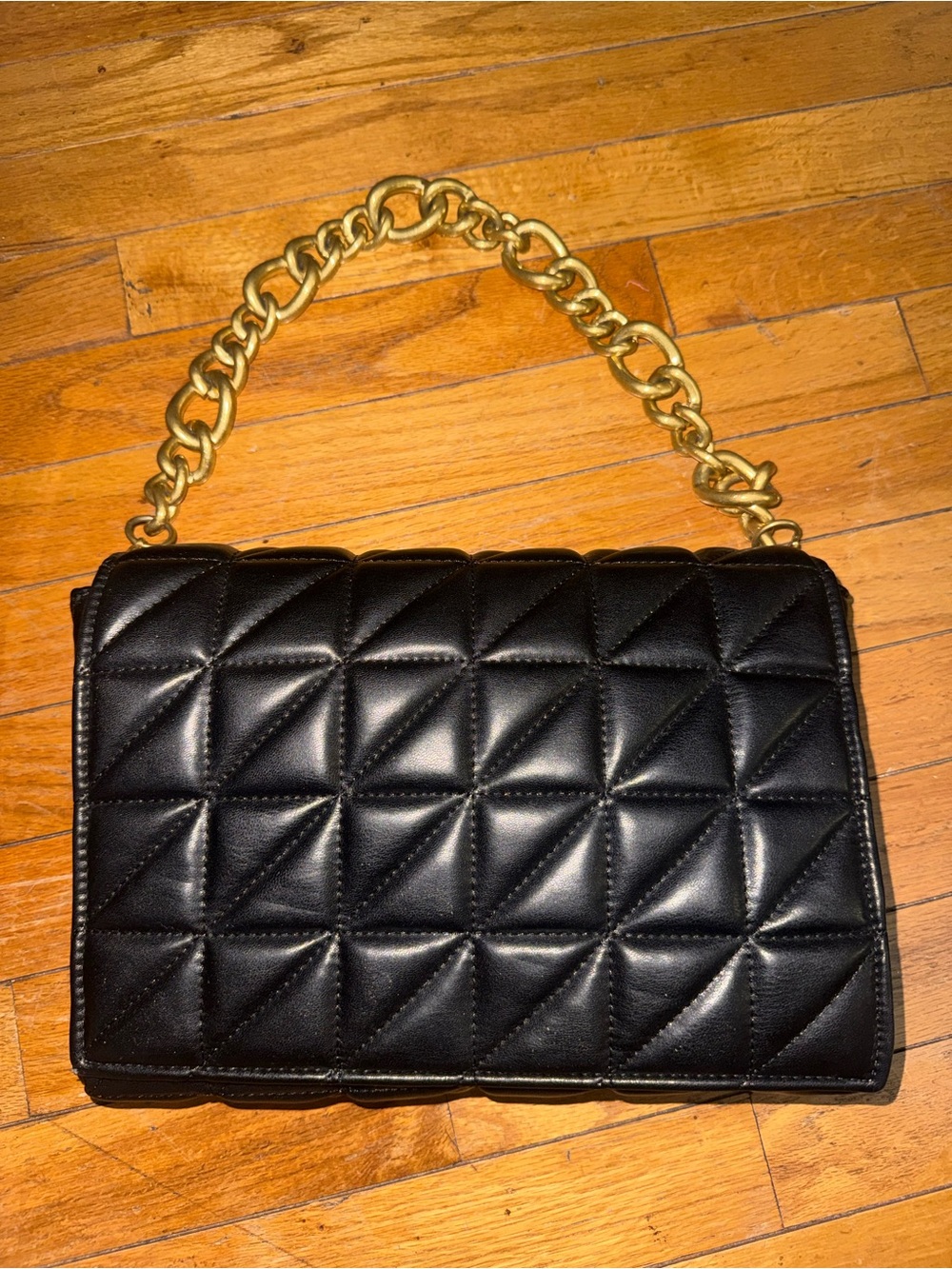 Zara Black Quilted Shoulder Bag with Gold Chain